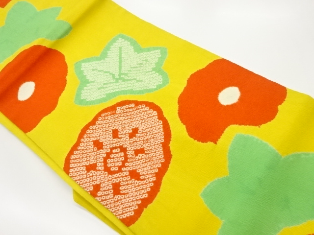 JAPANESE NAGOYA OBI / CHIRIMEN / SHIBORI / MAPLE LEAVES & FLOWERS
